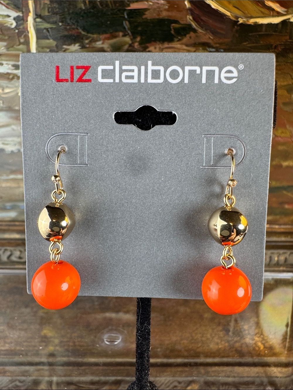 0486-Liz Claiborne‎ Gold and Bright Orange Dangle Earrings